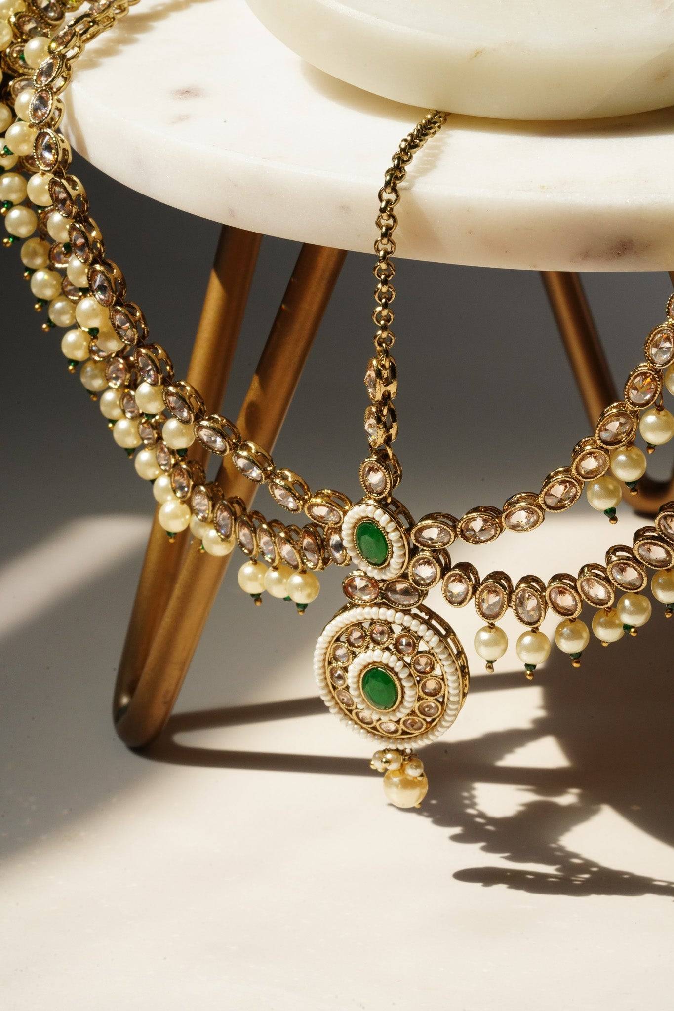 Nisha - Gold & Green Kundan Mathapatti Matha Patti from Inaury