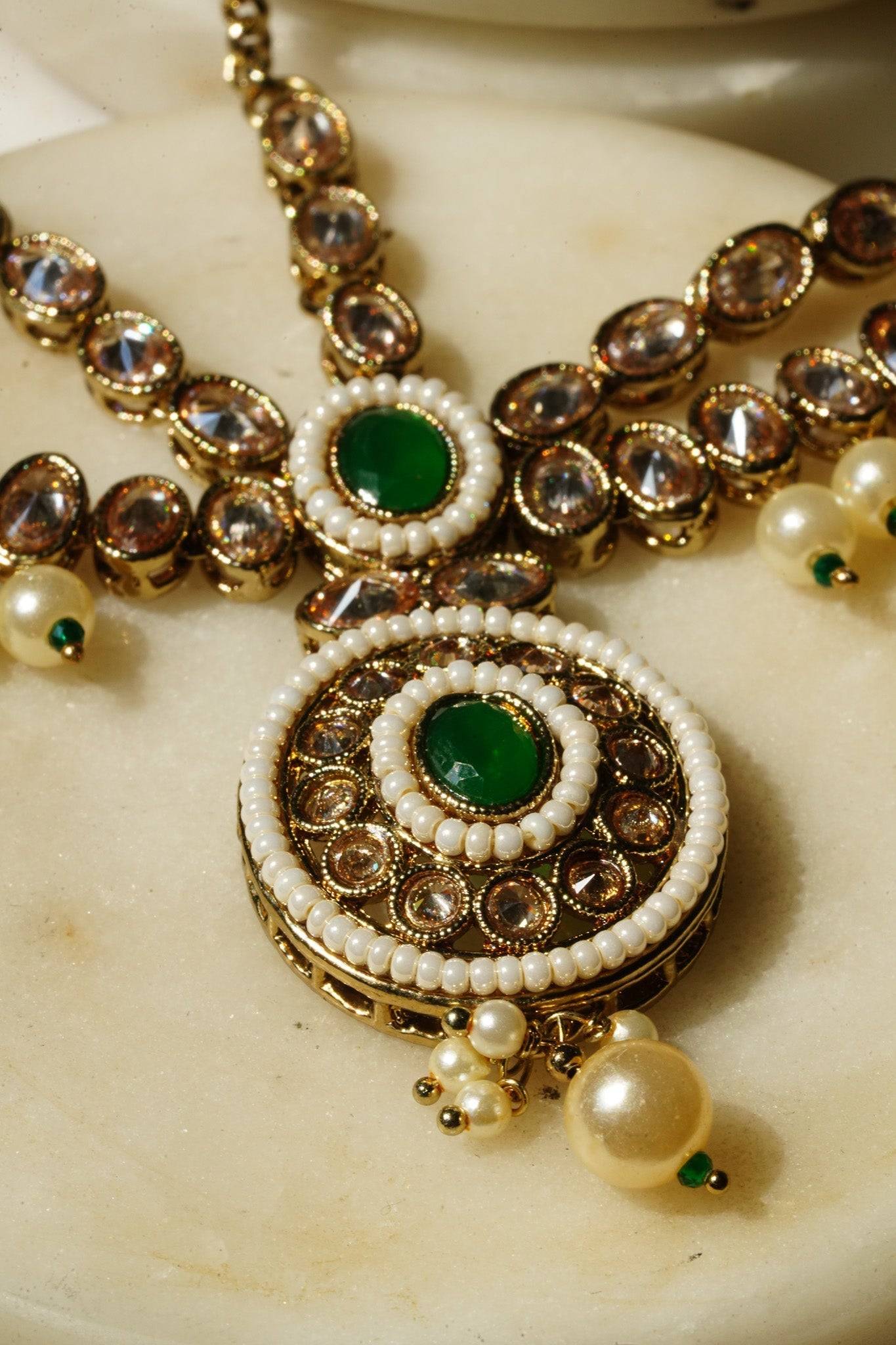 Nisha - Gold & Green Kundan Mathapatti Matha Patti from Inaury