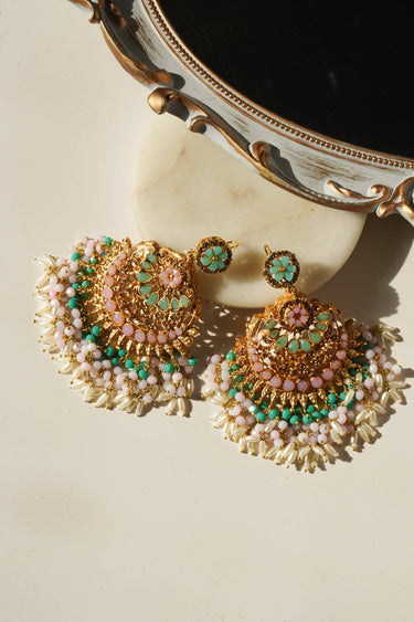 Nora Chandbali Statement Earrings - Oversized design with nine exquisite gemstones, high-quality brass with gold plating, perfect for special occasions.