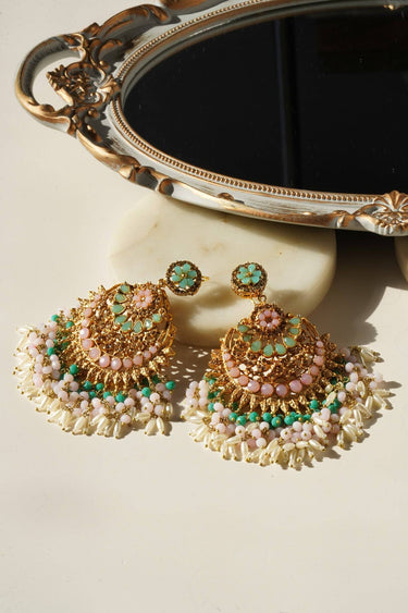 Nora Chandbali Statement Earrings - Oversized design with nine exquisite gemstones, high-quality brass with gold plating, perfect for special occasions.