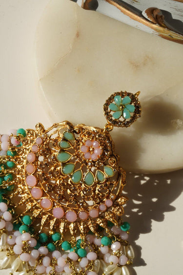 Nora Chandbali Statement Earrings - Oversized design with nine exquisite gemstones, high-quality brass with gold plating, perfect for special occasions.