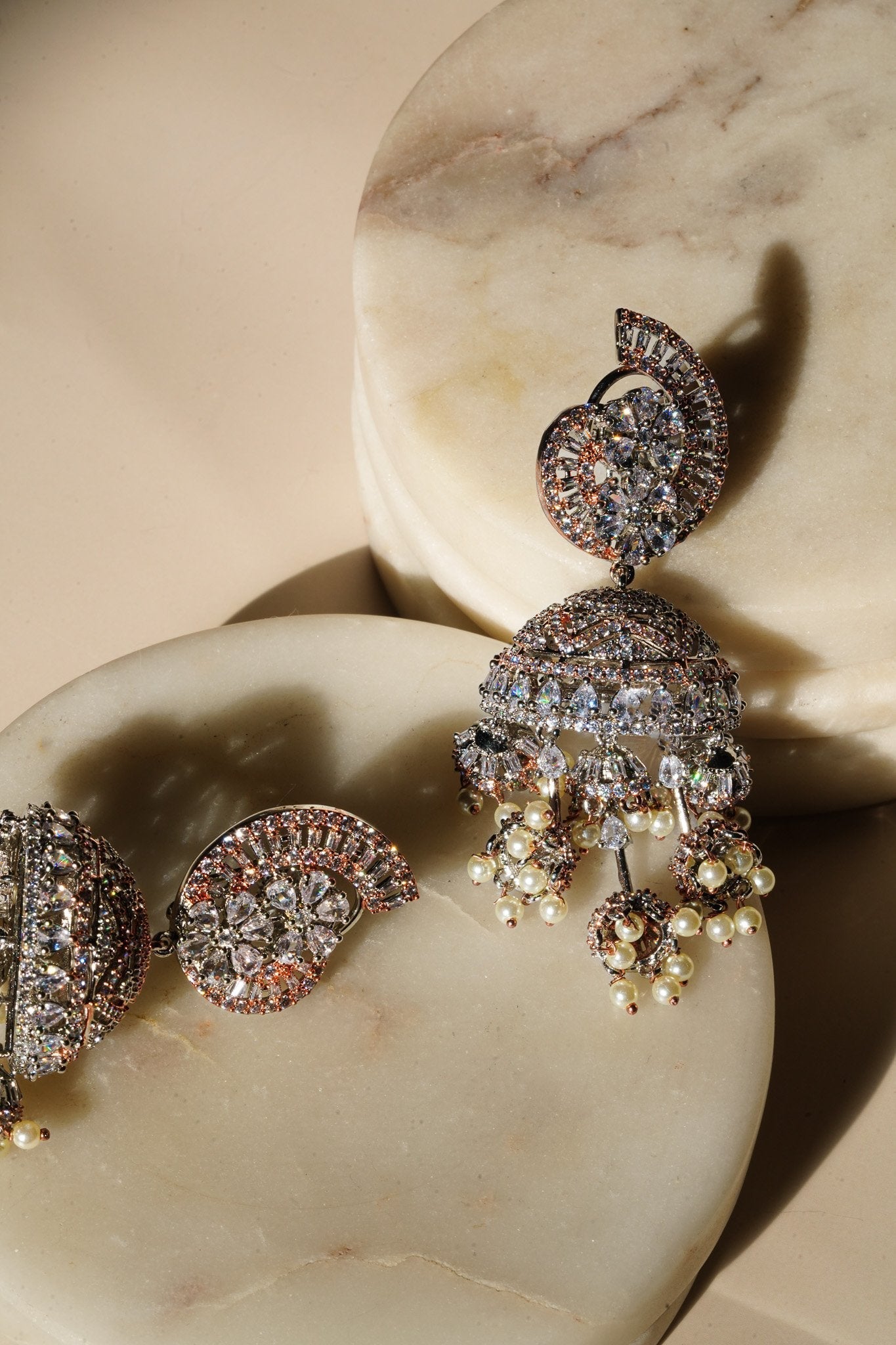 Nyasia- AD Jhumka Earrings With Hanging Pearls Jhumkas from Inaury