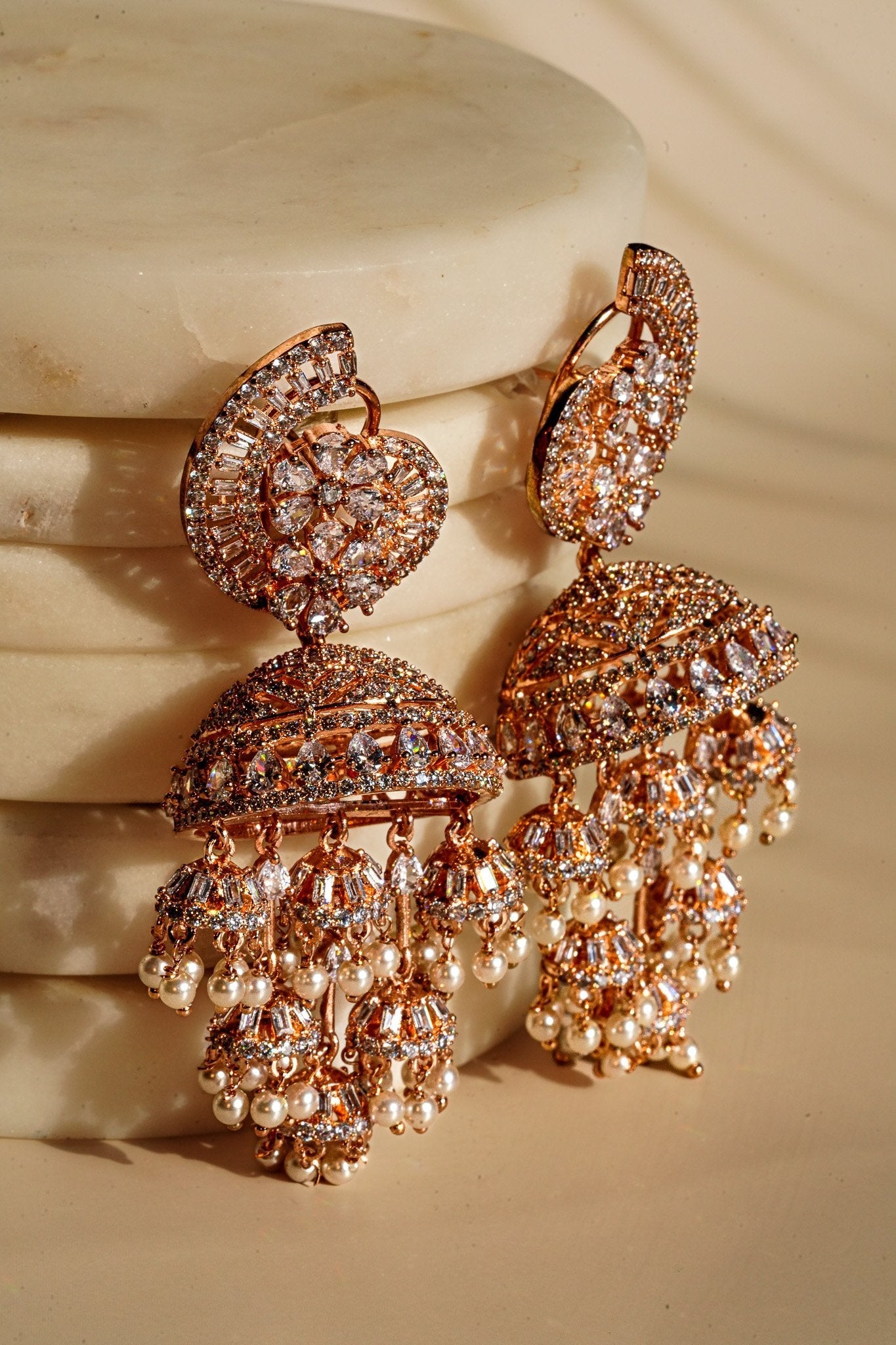 Nyasia- AD Jhumka Earrings With Hanging Pearls Jhumkas from Inaury