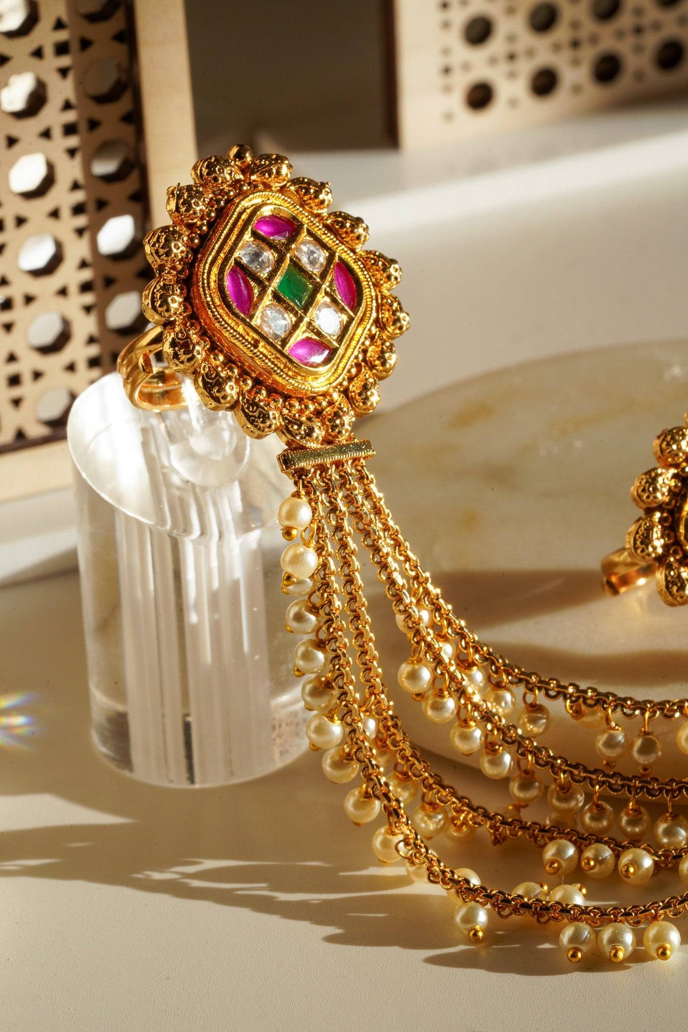 Renu- Chain Linked Double Kundan Ring Rings from Inaury