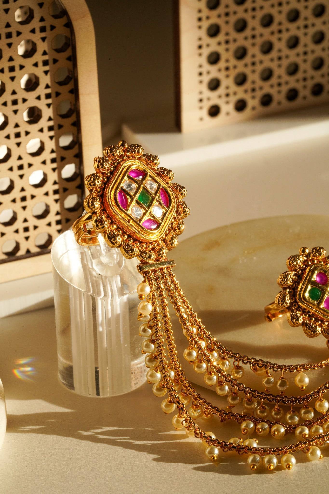 Renu- Chain Linked Double Kundan Ring Rings from Inaury