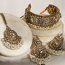 Rimmie Artisan Crafted Choker Set in gold with zircon stones and pearl detailing, includes earrings and pendant for Pakistani jewelry lovers.