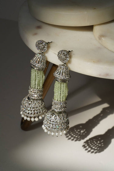 Riya - Tassel AD Jhumka Chandelier from InauryRiya Tassel AD Chandelier Earrings with Jhumkas in pink, green, and light green with AD stones and diamante accents