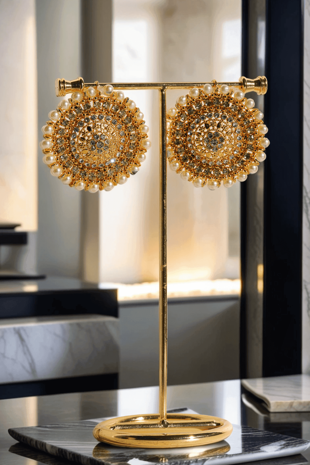 Sabhan Classic Necklace Set - Gold-plated with white zircon stones, available in gold & pearl or gold & black, featuring matching oversized stud earrings.