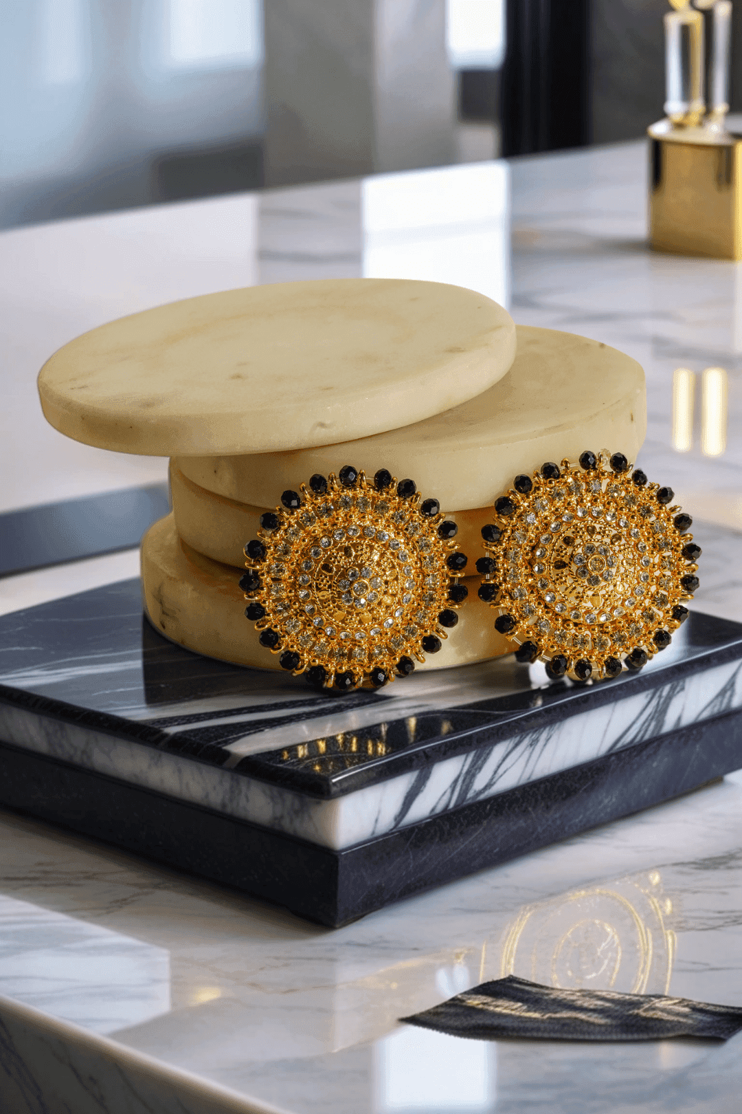 Sabhan Classic Necklace Set - Gold-plated with white zircon stones, available in gold & pearl or gold & black, featuring matching oversized stud earrings.