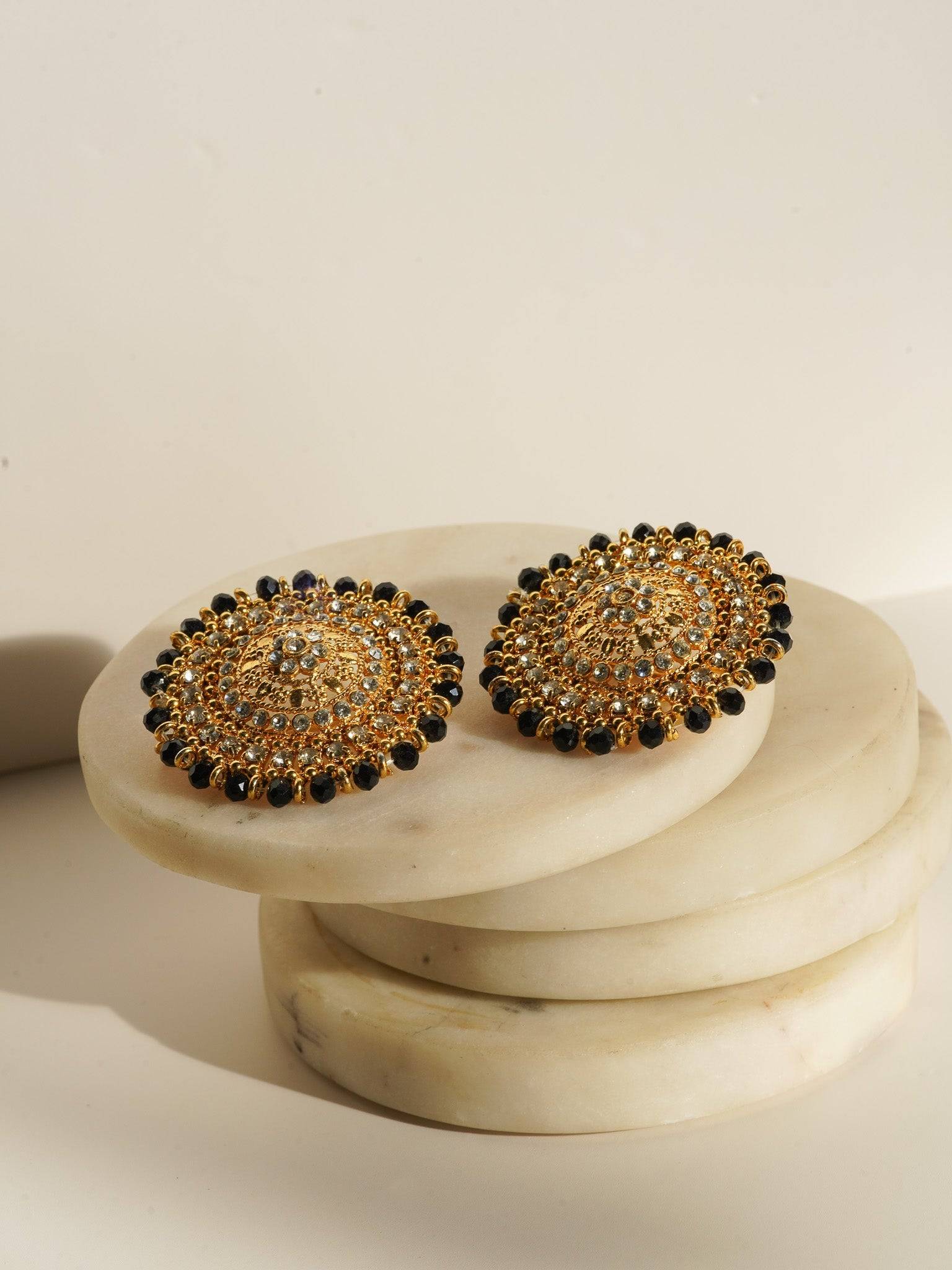 Sabhan Classic Necklace Set - Gold-plated with white zircon stones, available in gold & pearl or gold & black, featuring matching oversized stud earrings.