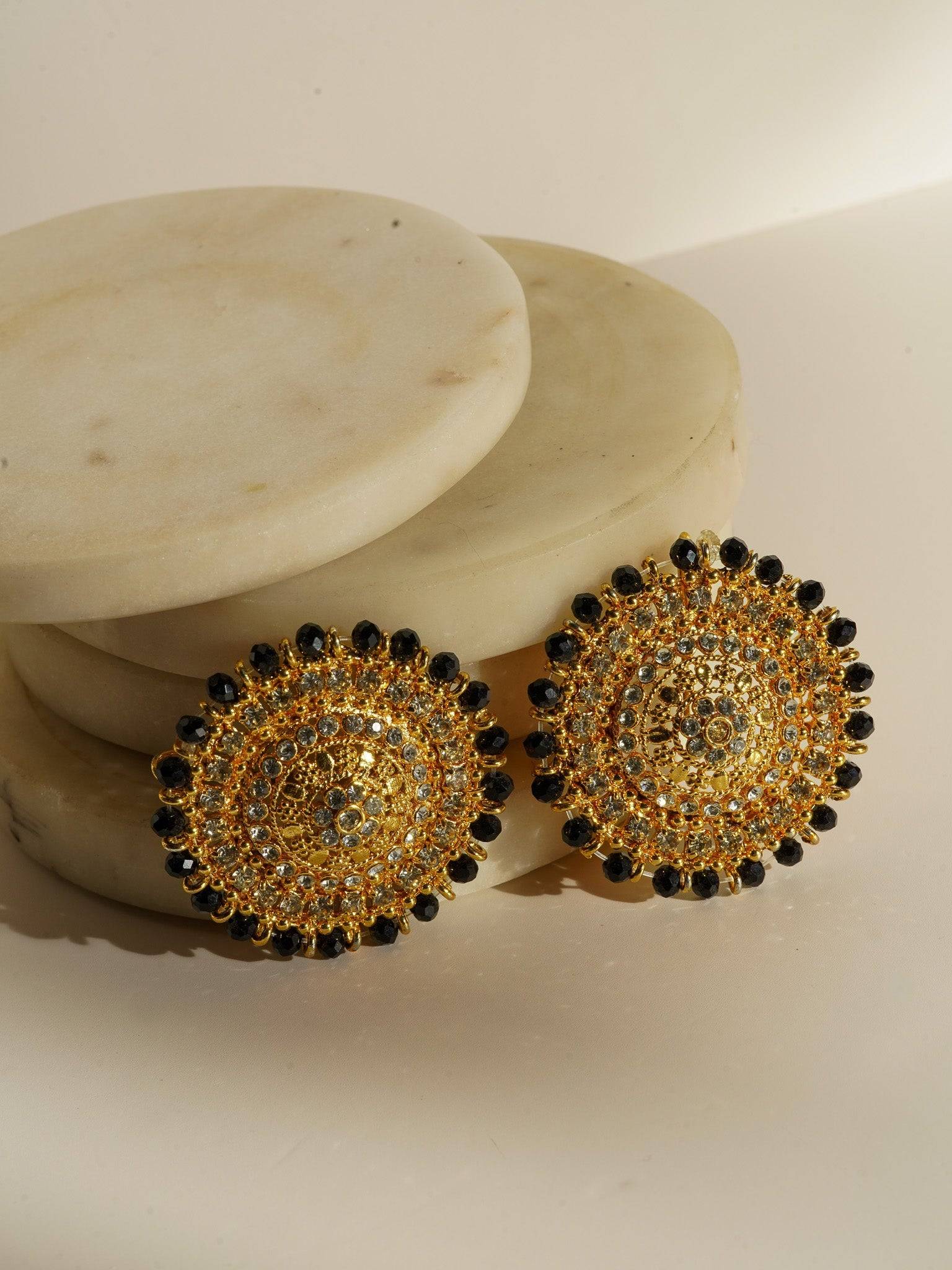 Sabhan Classic Necklace Set - Gold-plated with white zircon stones, available in gold & pearl or gold & black, featuring matching oversized stud earrings.