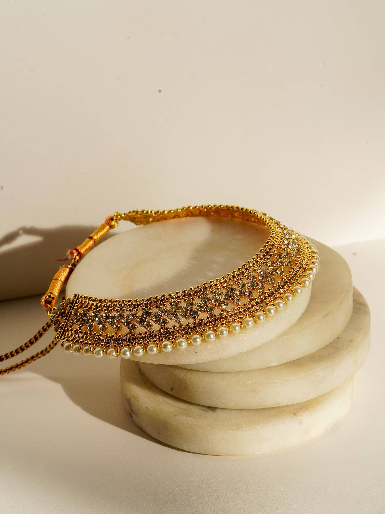 Sabhan Classic Necklace Set - Gold-plated with white zircon stones, available in gold & pearl or gold & black, featuring matching oversized stud earrings.