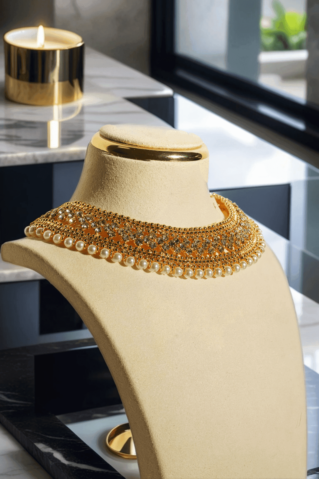 Sabhan Classic Necklace Set - Gold-plated with white zircon stones, available in gold & pearl or gold & black, featuring matching oversized stud earrings.