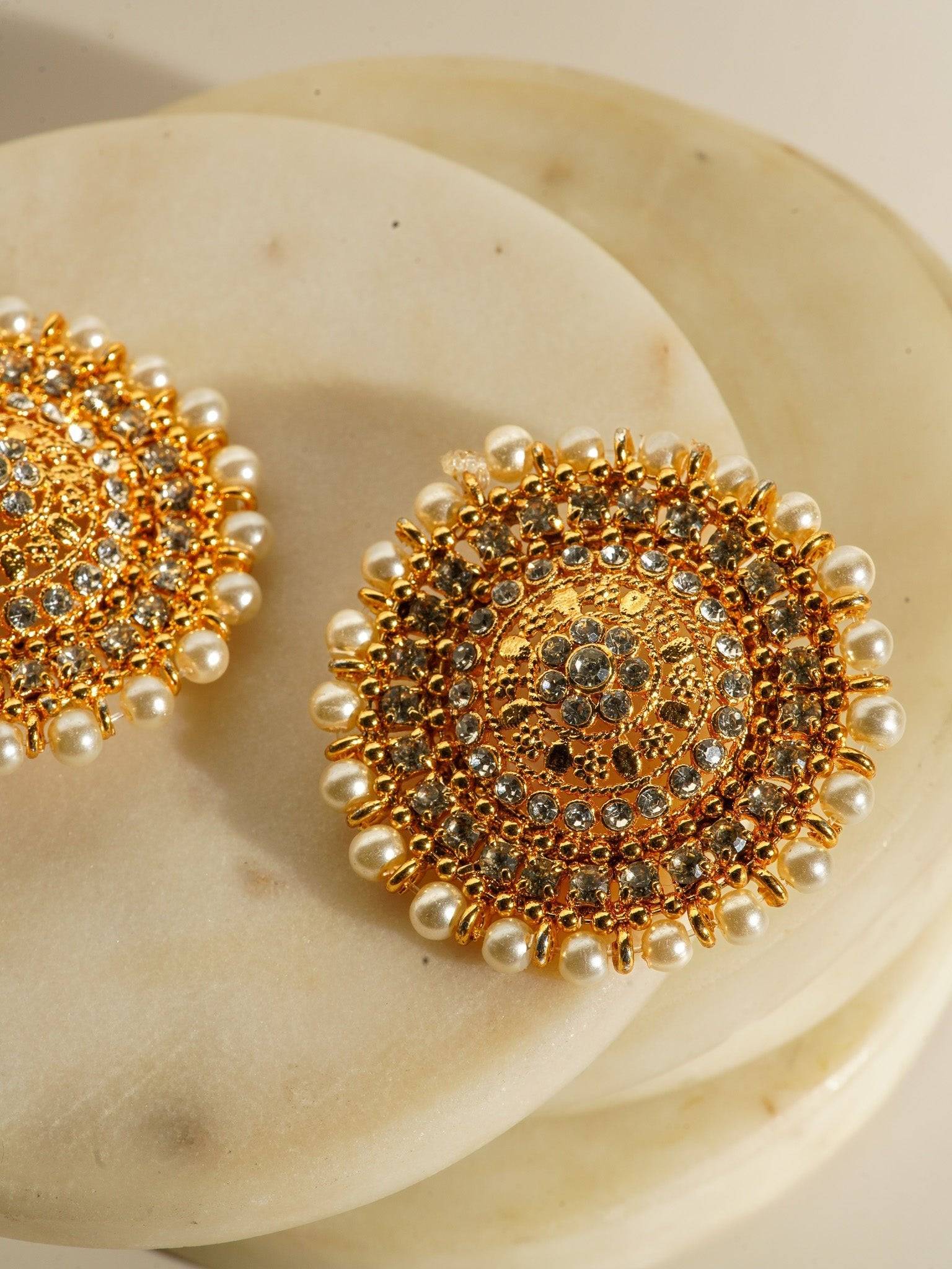 Sabhan Classic Necklace Set - Gold-plated with white zircon stones, available in gold & pearl or gold & black, featuring matching oversized stud earrings.