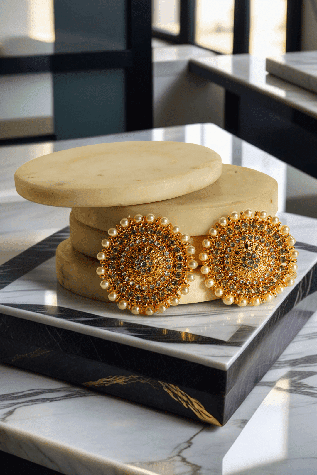 Sabhan Classic Necklace Set - Gold-plated with white zircon stones, available in gold & pearl or gold & black, featuring matching oversized stud earrings.