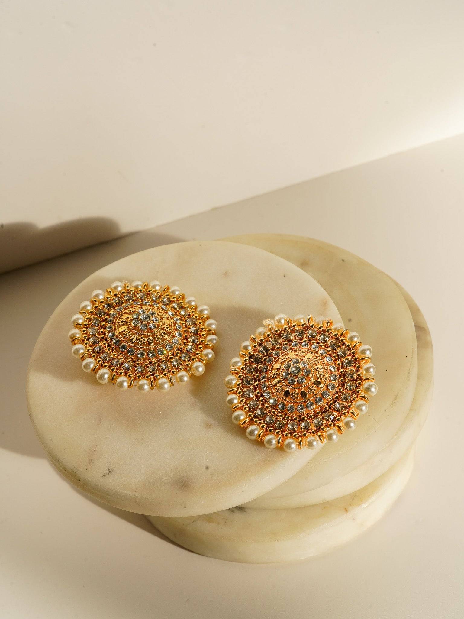Sabhan Classic Necklace Set - Gold-plated with white zircon stones, available in gold & pearl or gold & black, featuring matching oversized stud earrings.