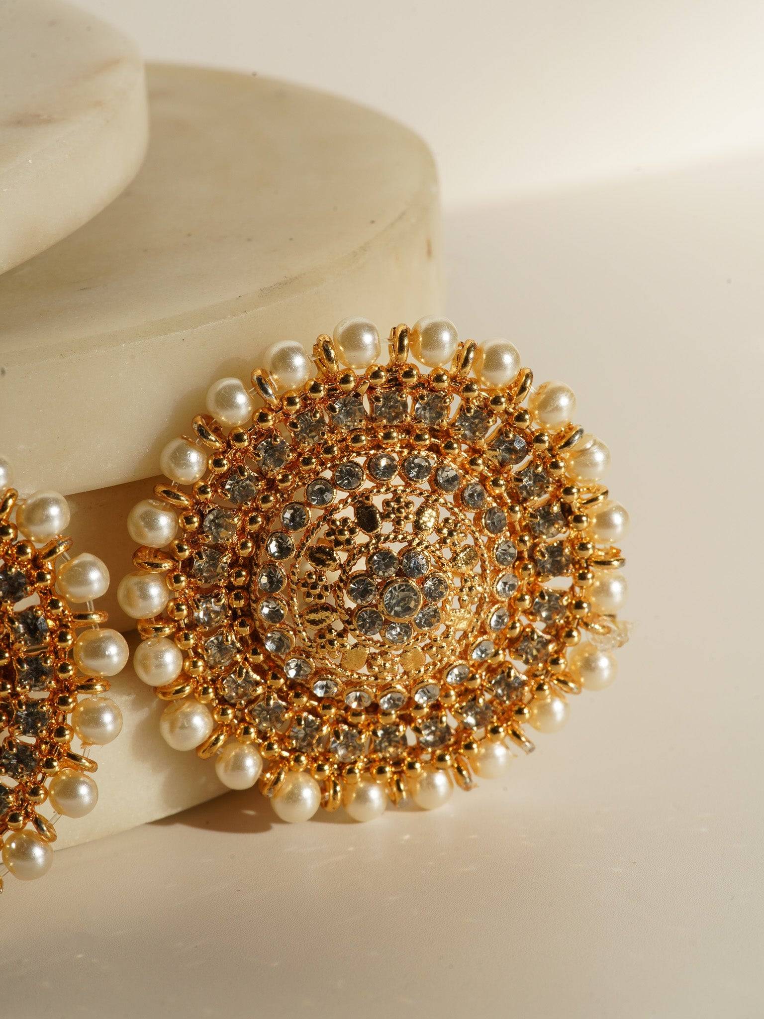 Sabhan Classic Necklace Set - Gold-plated with white zircon stones, available in gold & pearl or gold & black, featuring matching oversized stud earrings.