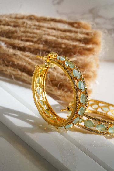 Saira Diamanté Accent AD Hoops - Gold-plated hoop earrings with white or mint green AD stones, measuring 1.54 inches in height and 0.35 inches in width.