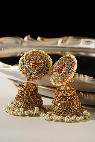Samreen Jhumka Earrings - Gold-plated with multicolor navratan stones and zircon accents, 3-inch length, push pin back with earring support backing, elegant and chic.