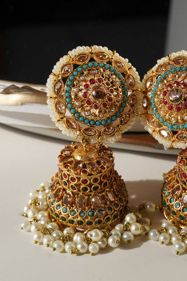 Samreen Jhumka Earrings - Gold-plated with multicolor navratan stones and zircon accents, 3-inch length, push pin back with earring support backing, elegant and chic.