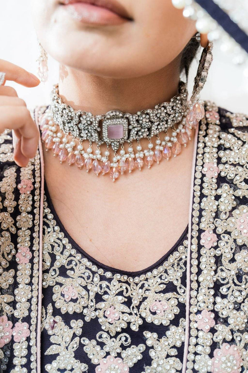Silver-toned choker necklace with pink stone accent and pearl drops - South Asian bridal jewelry set - Inaury