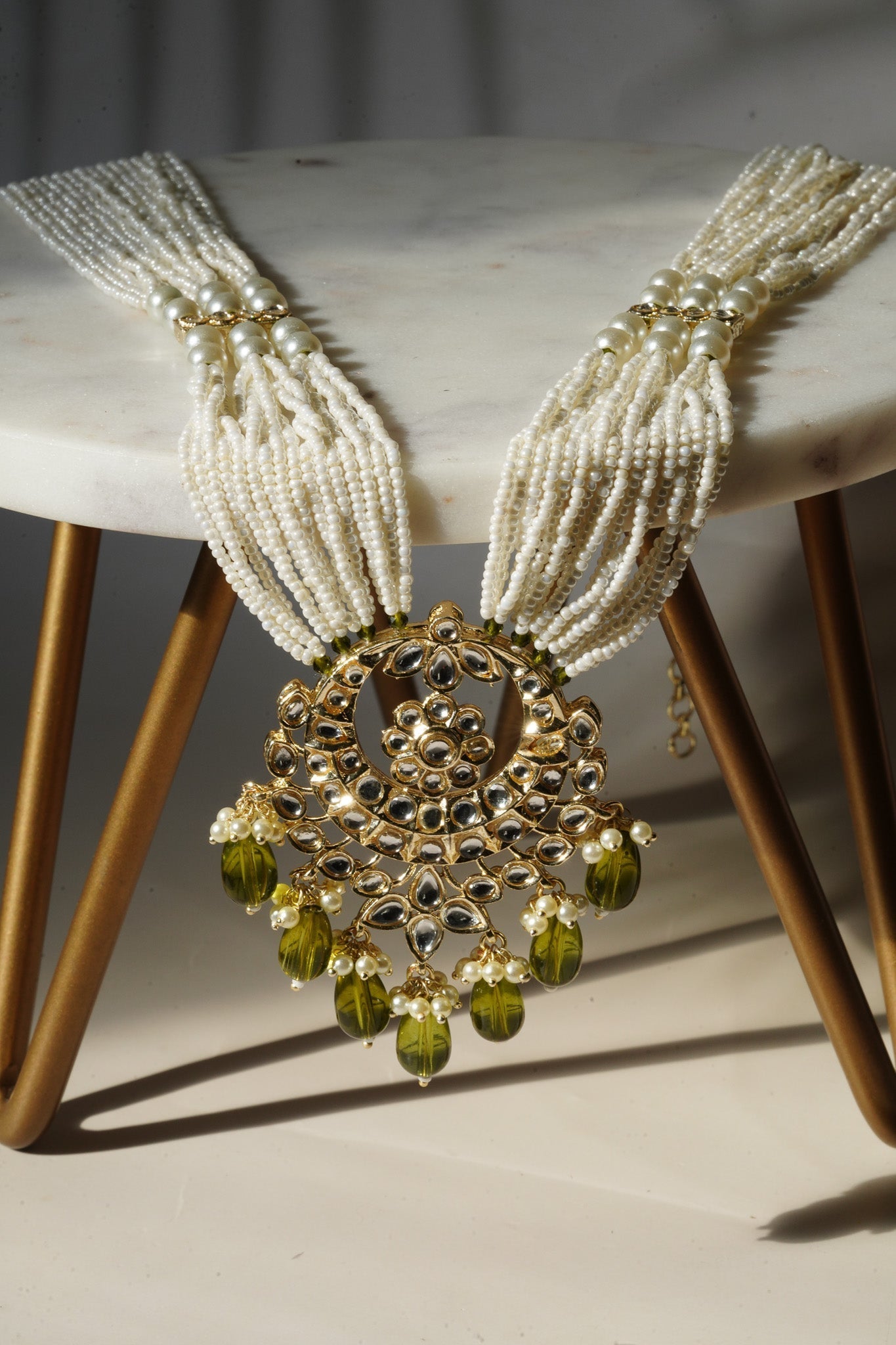Sania- Gold & Mehndi Green Long Kundan Necklace Set With Tikka Long Necklace Set from Inaury