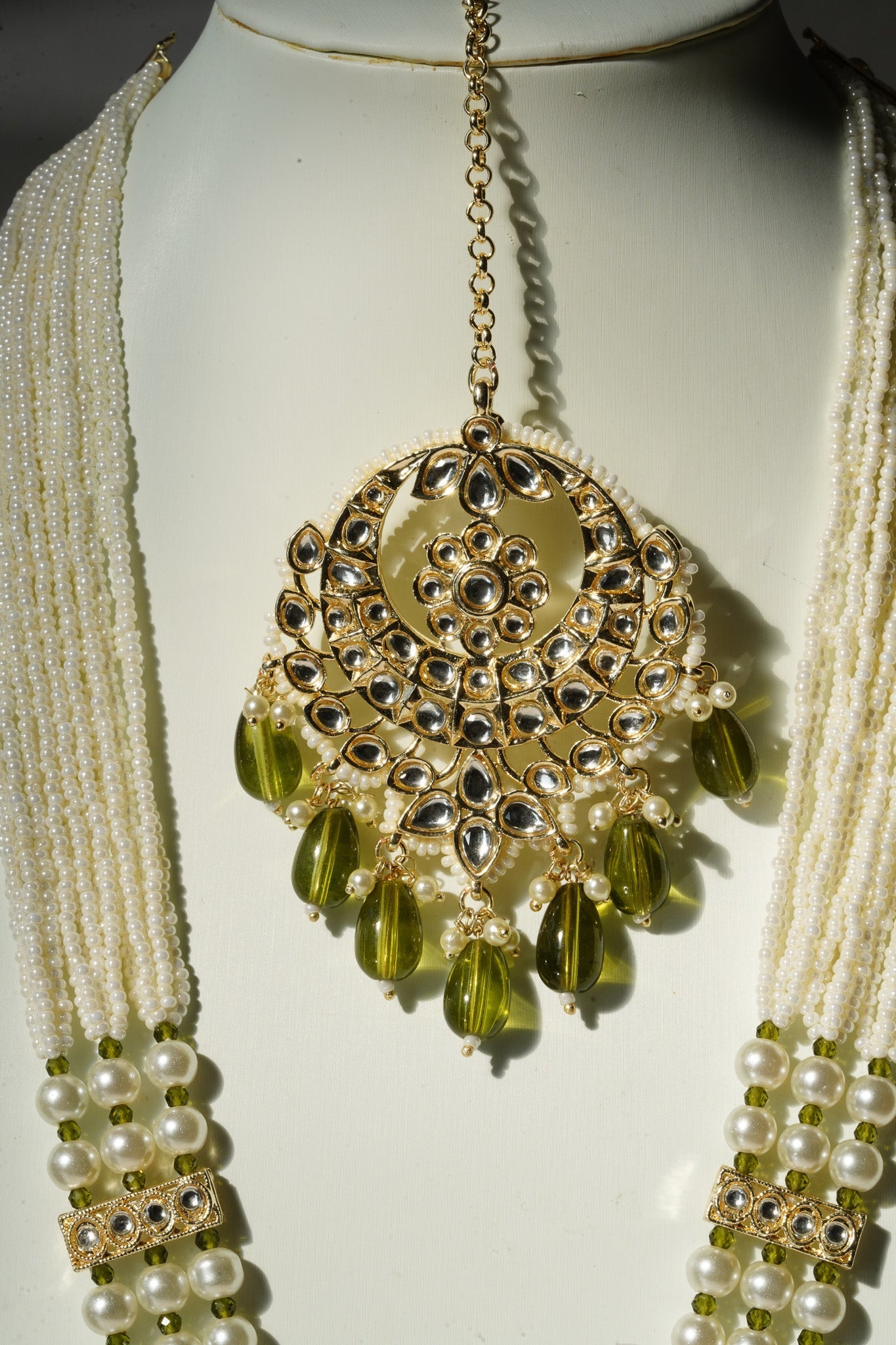 Sania- Gold & Mehndi Green Long Kundan Necklace Set With Tikka Long Necklace Set from Inaury