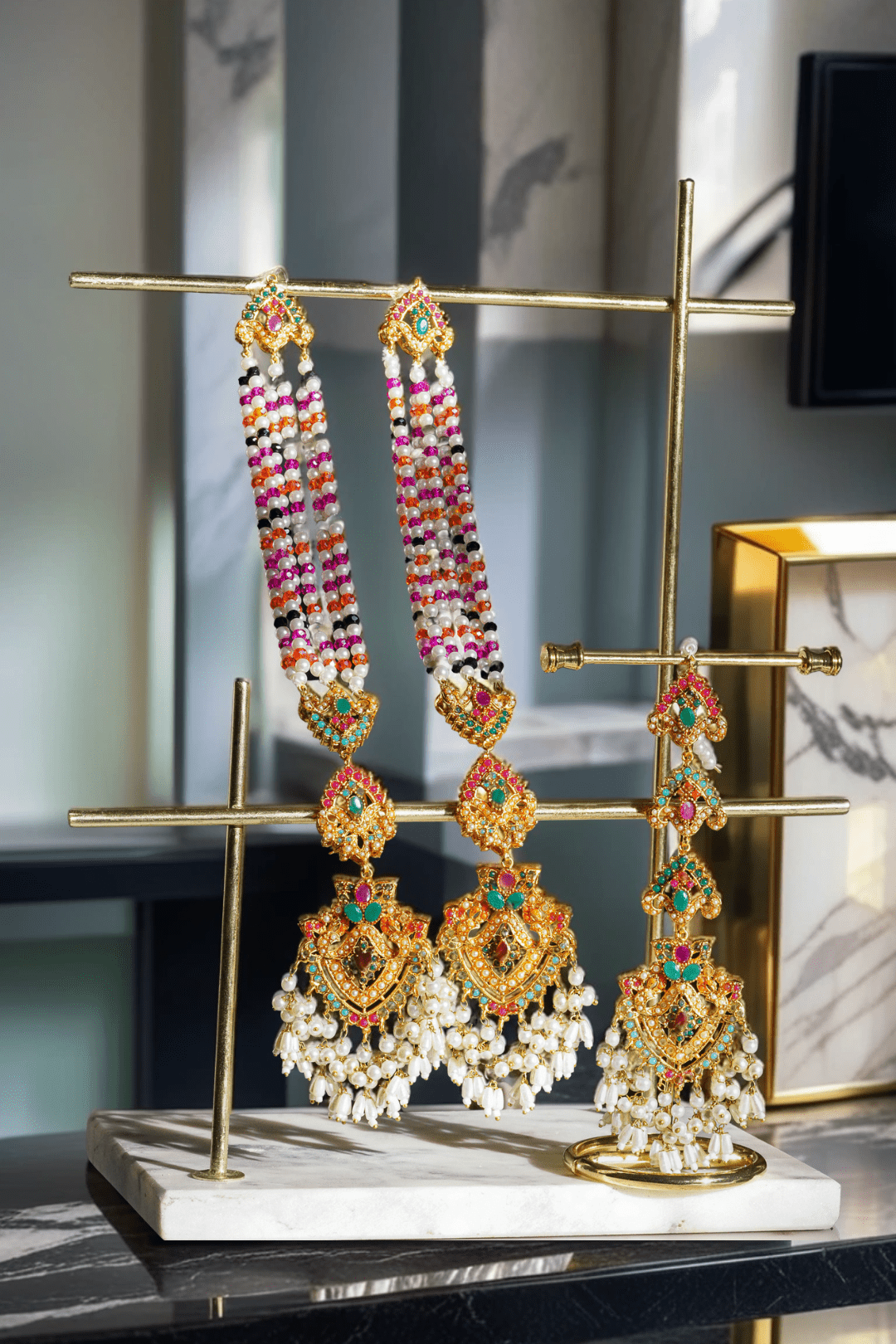 Sanjana - Long Saharay Earrings and Tikka Set Earrings & Tikka Set from Inaury