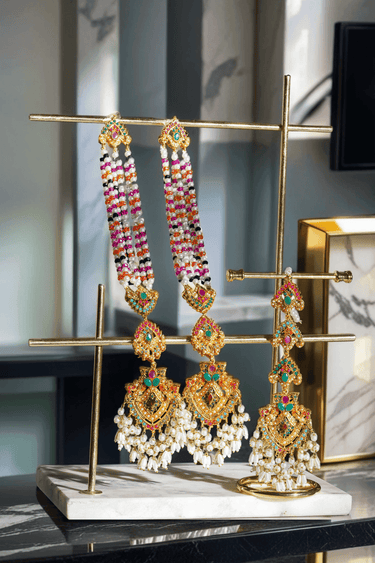 Sanjana Earrings and Maang Tikka Set with Navratan stones in multicolor beads and pearls, blending Indian and Pakistani jewelry styles.