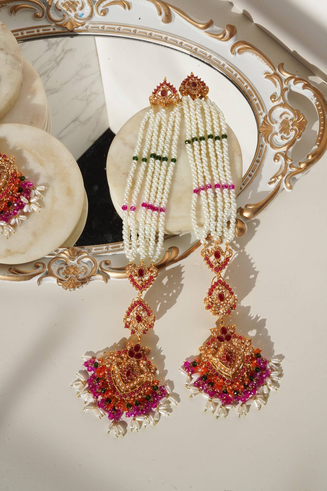 Vibrant Sanjana Earrings & Tikka Set with multicolor beads and pearls, perfect for traditional South Asian celebrations.