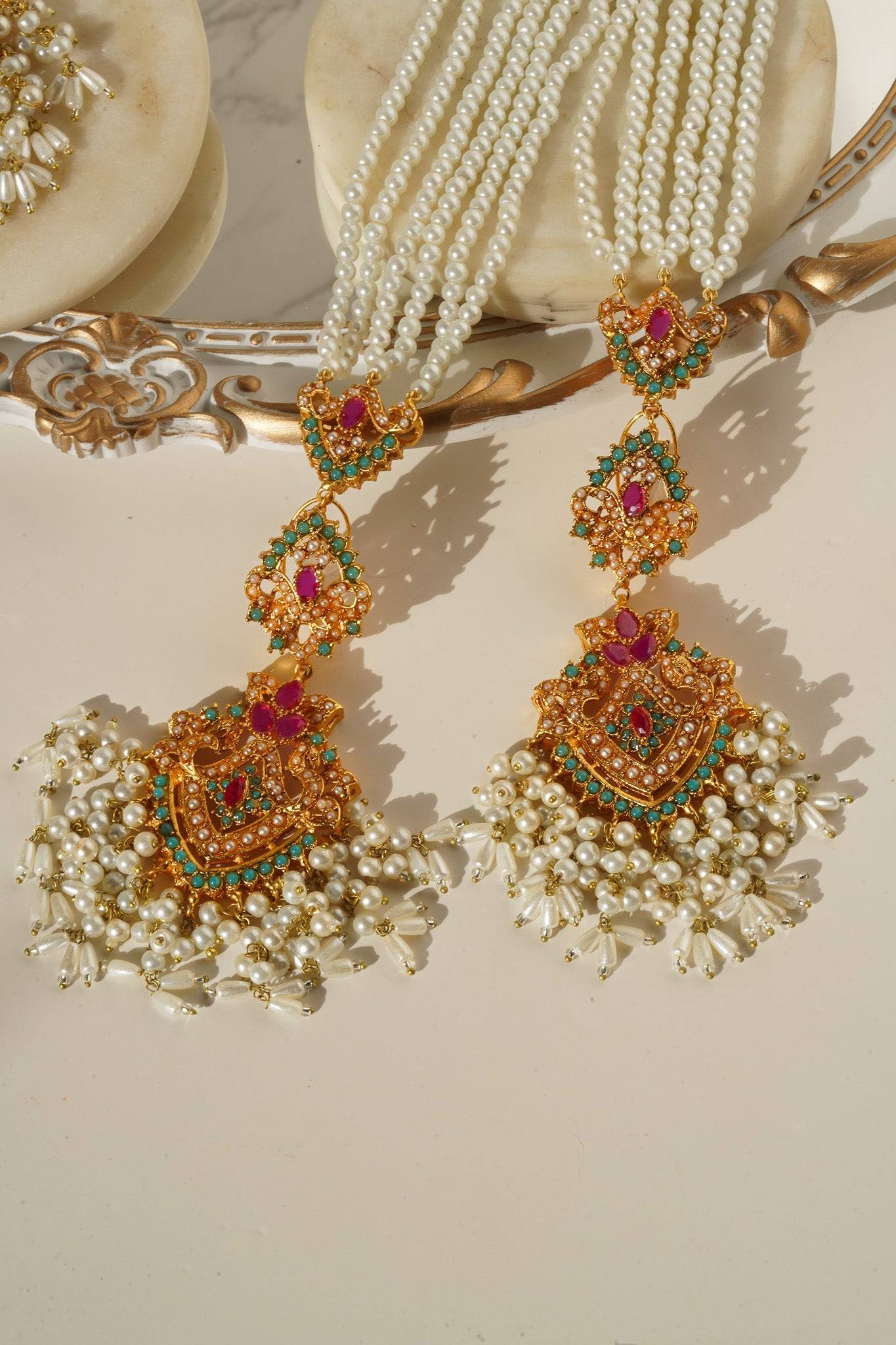 Sanjana - Long Saharay Earrings and Tikka Set Earrings & Tikka Set from Inaury