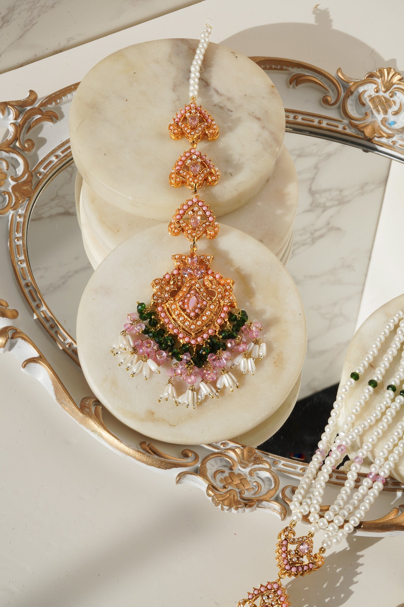 White pearl and gold Sanjana Jewelry Set with intricate detailing, perfect for traditional South Asian attire.