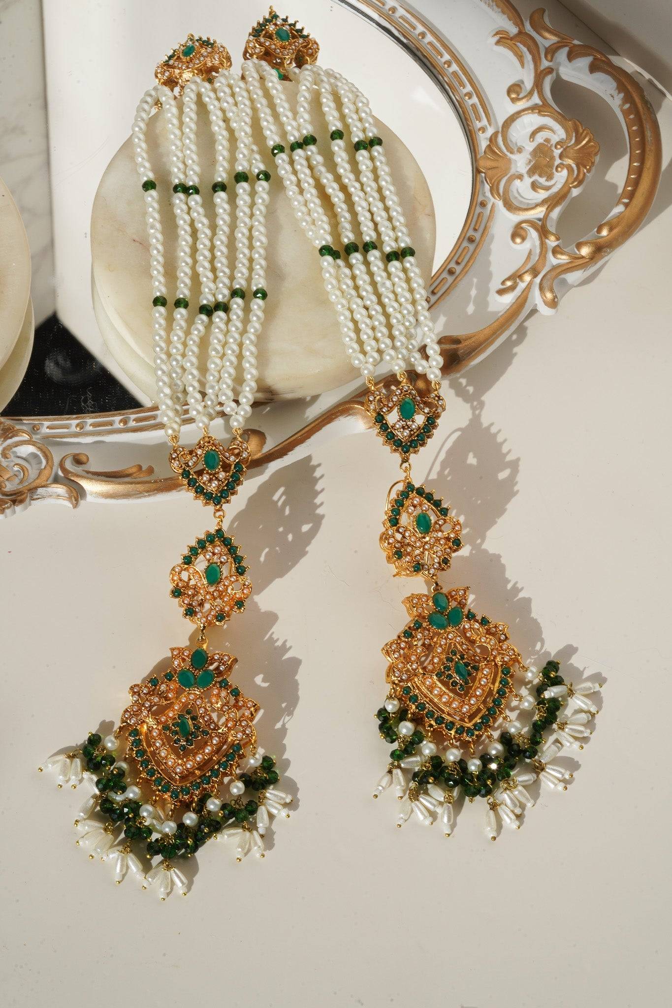 Green and white pearl Sanjana Jewelry Set with intricate gold detailing, ideal for weddings and festive celebrations.