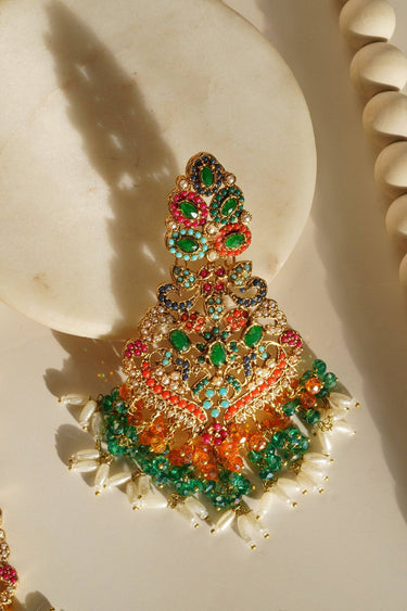 Sarah Chandelier Earrings & Maang Tikka Set - Gold-plated with multi-color stones, featuring 3.5-inch chandelier earrings and a maang tikka.