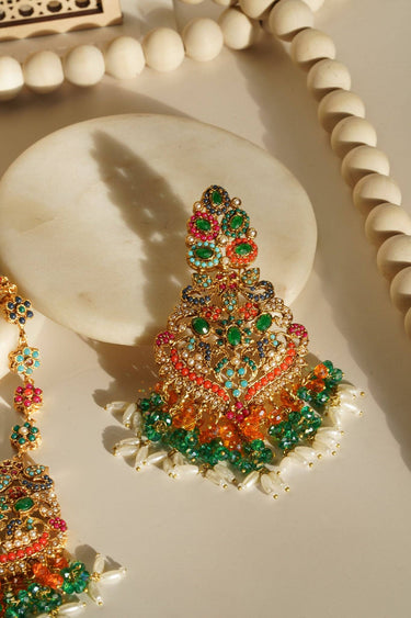 Sarah Chandelier Earrings & Maang Tikka Set - Gold-plated with multi-color stones, featuring 3.5-inch chandelier earrings and a maang tikka.