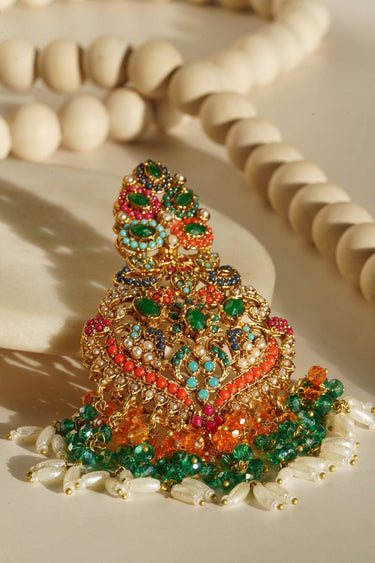 Sarah Chandelier Earrings & Maang Tikka Set - Gold-plated with multi-color stones, featuring 3.5-inch chandelier earrings and a maang tikka.