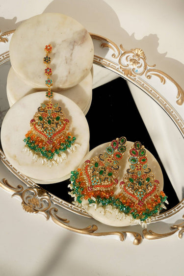 Sarah Chandelier Earrings & Maang Tikka Set - Gold-plated with multi-color stones, featuring 3.5-inch chandelier earrings and a maang tikka.