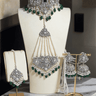 Full green Sareena Mirror Choker Set - Zircon & Pearl with choker, earrings, and headpiece, ideal for Desi bridal jewelry.