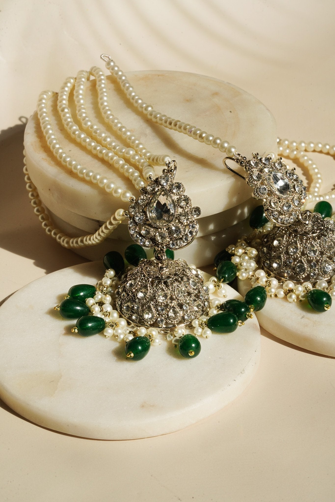 Sareena - Silver and Green Necklace Set with Earrings, Maang Tikka and Jhoomer Optional Choker Necklace Set from Inaury