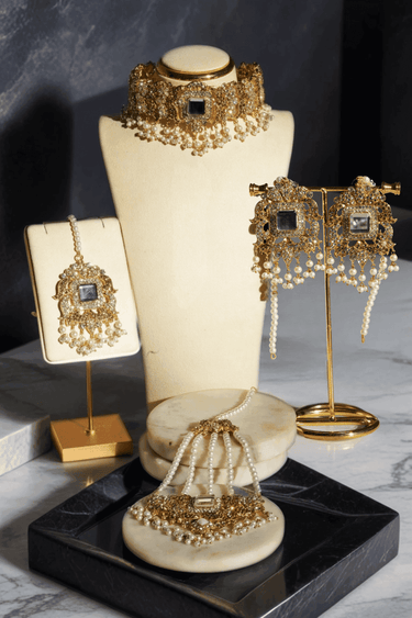 Shanzay Choker Necklace Set - Silver or gold plating with mirror embellishments, white stones, and pearls. Perfect for special occasions and everyday elegance.