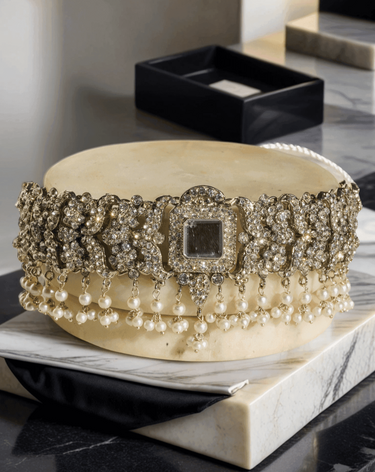 Shanzay Choker Necklace Set - Silver or gold plating with mirror embellishments, white stones, and pearls. Perfect for special occasions and everyday elegance.