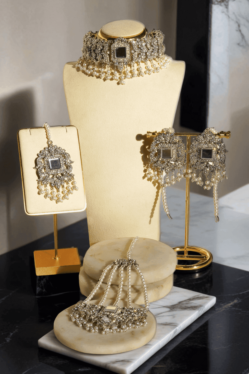 Shanzay Choker Necklace Set - Silver or gold plating with mirror embellishments, white stones, and pearls. Perfect for special occasions and everyday elegance.