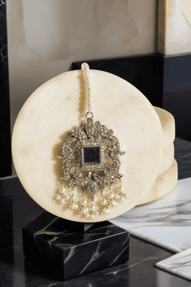 Shanzay Choker Necklace Set - Silver or gold plating with mirror embellishments, white stones, and pearls. Perfect for special occasions and everyday elegance.