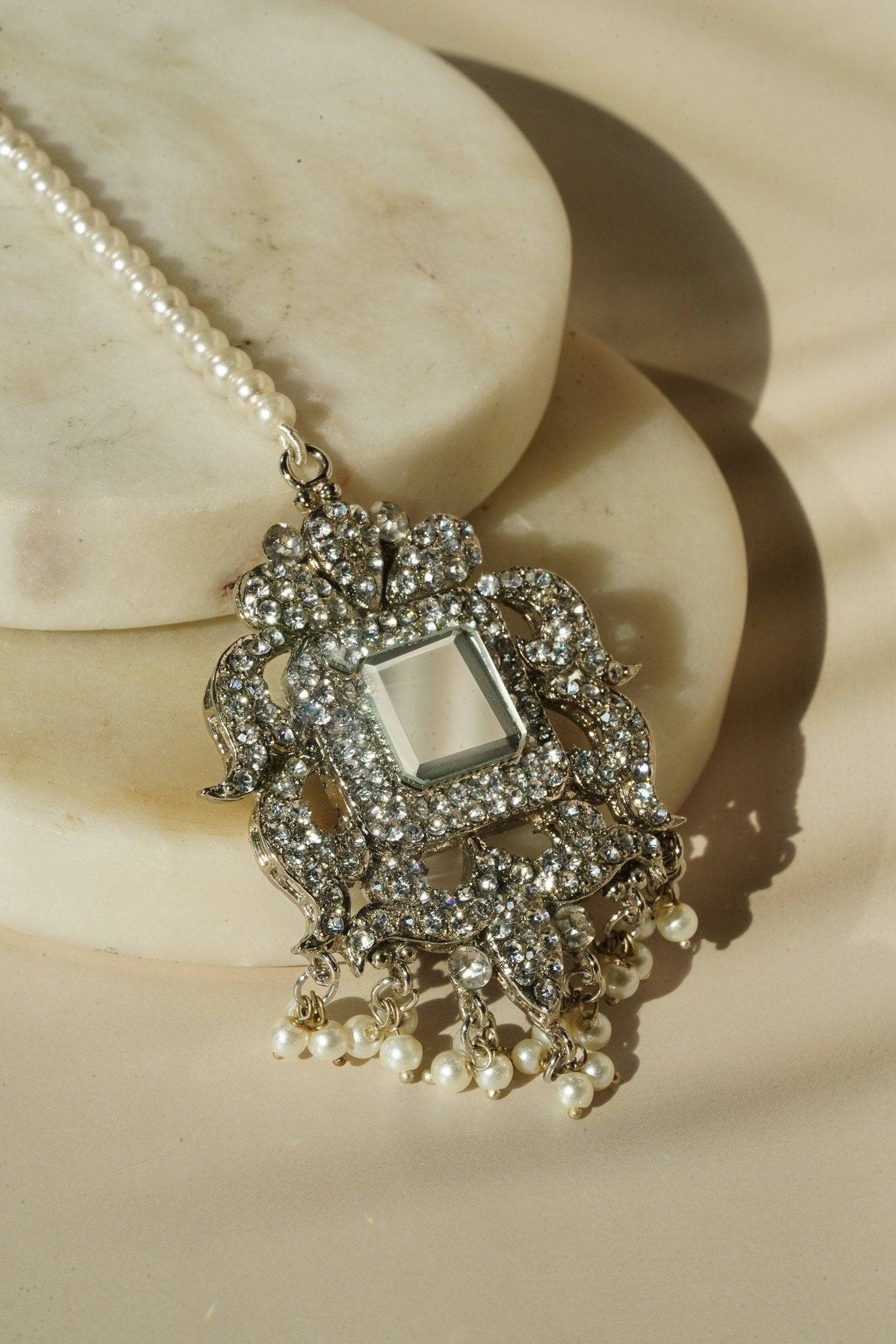 Shanzay Choker Necklace Set - Silver or gold plating with mirror embellishments, white stones, and pearls. Perfect for special occasions and everyday elegance.
