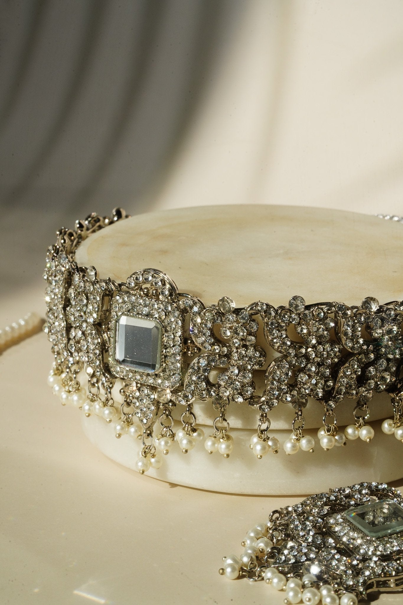 Shanzay Choker Necklace Set - Silver or gold plating with mirror embellishments, white stones, and pearls. Perfect for special occasions and everyday elegance.