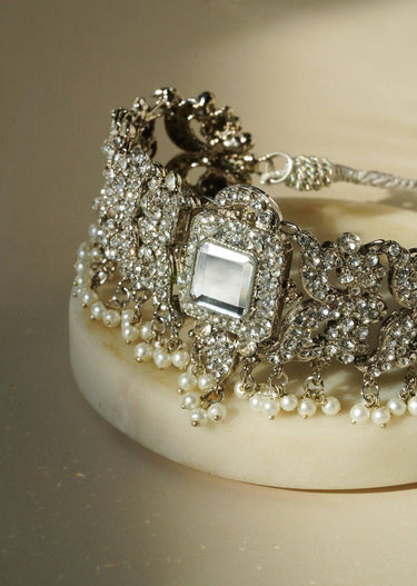 Shanzay Choker Necklace Set - Silver or gold plating with mirror embellishments, white stones, and pearls. Perfect for special occasions and everyday elegance.