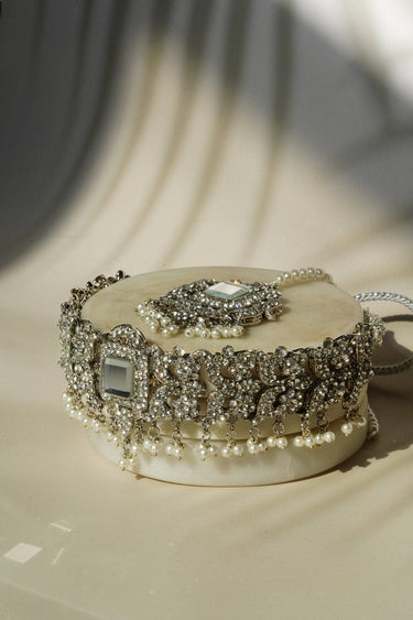 Shanzay Choker Necklace Set - Silver or gold plating with mirror embellishments, white stones, and pearls. Perfect for special occasions and everyday elegance.