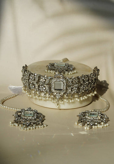 Shanzay Choker Necklace Set - Silver or gold plating with mirror embellishments, white stones, and pearls. Perfect for special occasions and everyday elegance.
