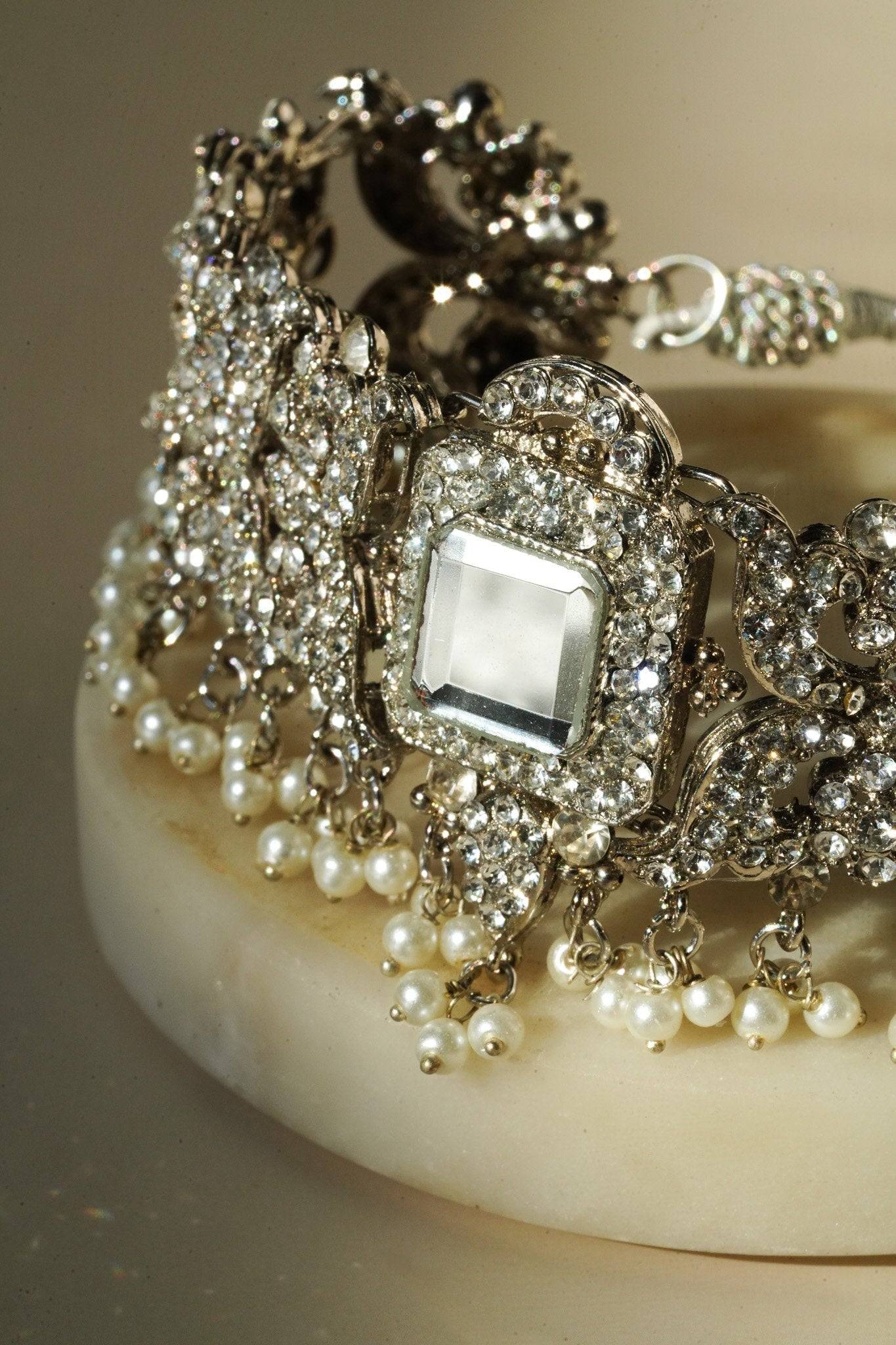 Shanzay Choker Necklace Set - Silver or gold plating with mirror embellishments, white stones, and pearls. Perfect for special occasions and everyday elegance.