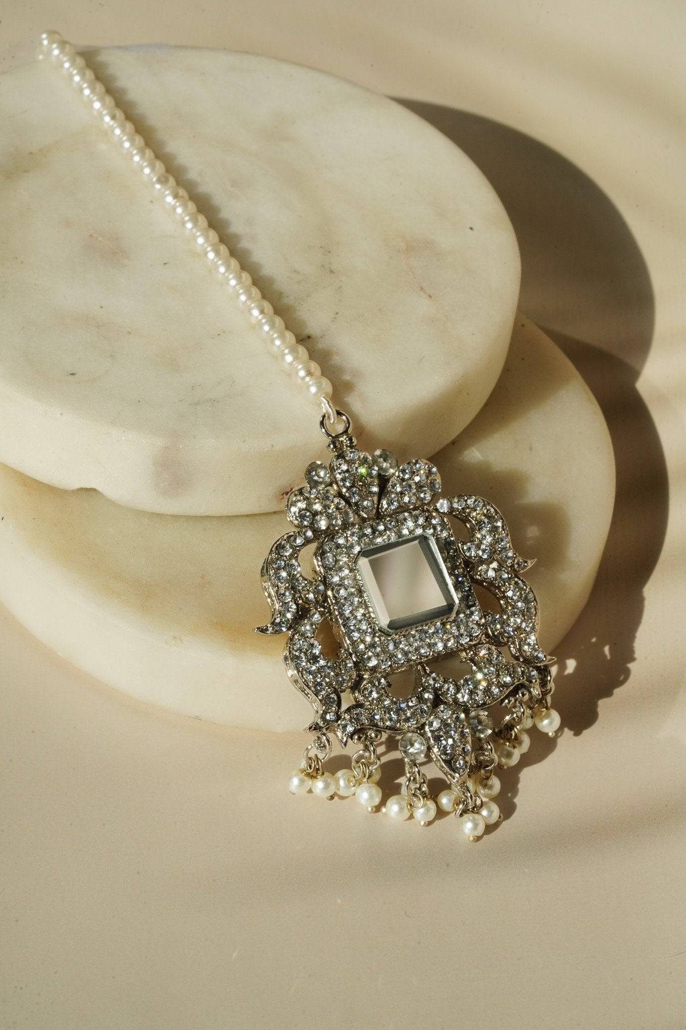 Shanzay Choker Necklace Set - Silver or gold plating with mirror embellishments, white stones, and pearls. Perfect for special occasions and everyday elegance.